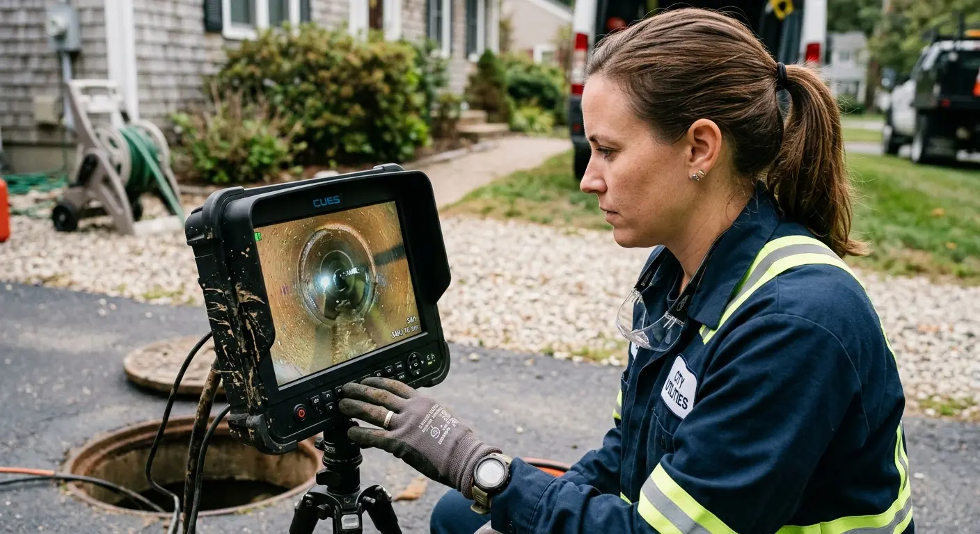 Technician reviewing sewer camera inspection footage in Vinings
