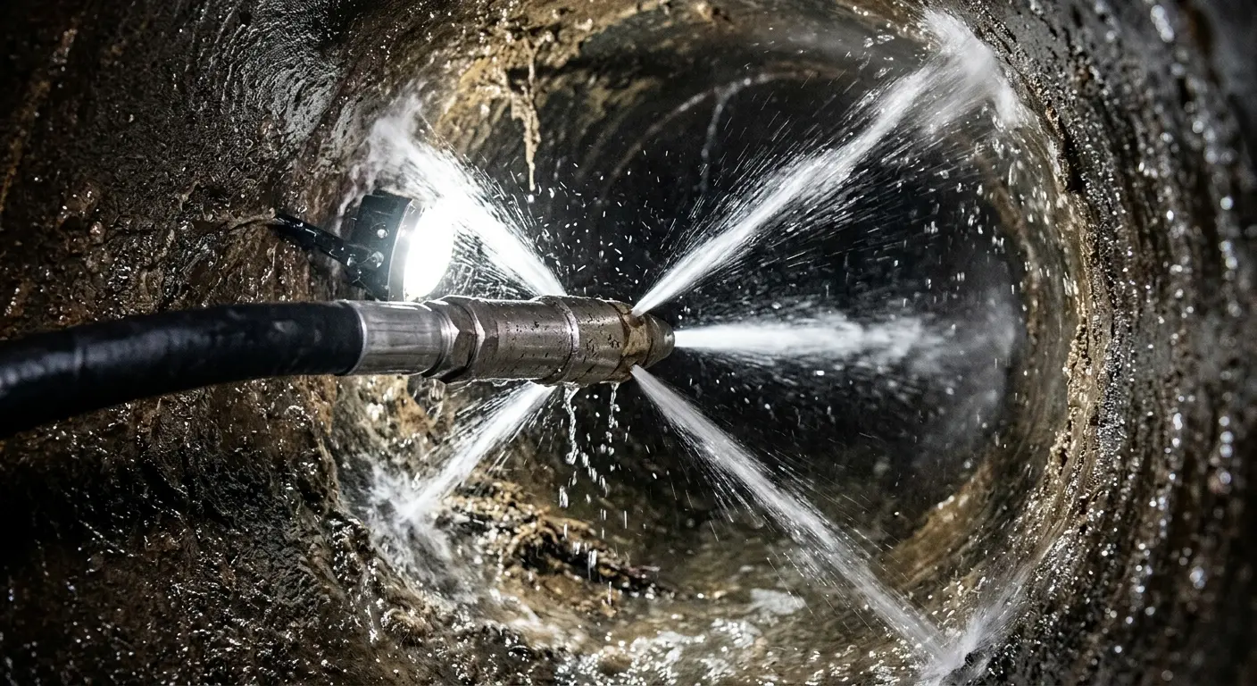 High-pressure hydro jetting nozzle cleaning sewer pipe for Emergency Drain Service in Vinings