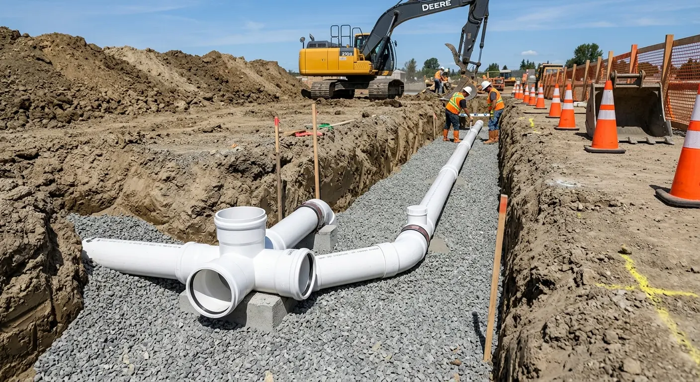 New PVC sewer pipe installation in open trench for Sewer Backup in Vinings