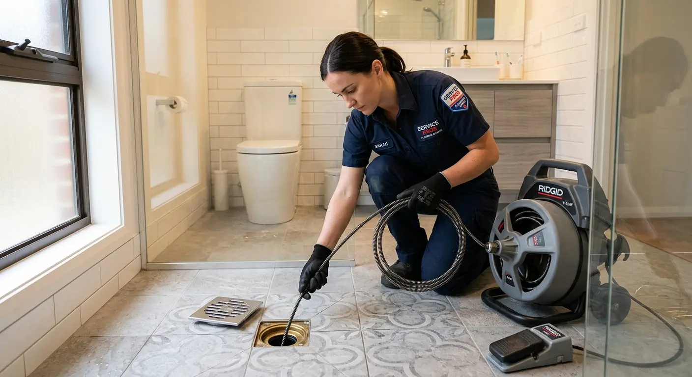 Technician clearing a bathroom floor drain for Drain Repair in Vinings